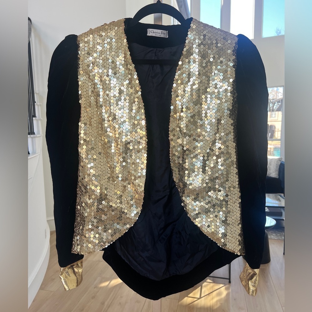 Vintage Christian Dior Gold Sequin Blazer Black Velvet Statement Jacket